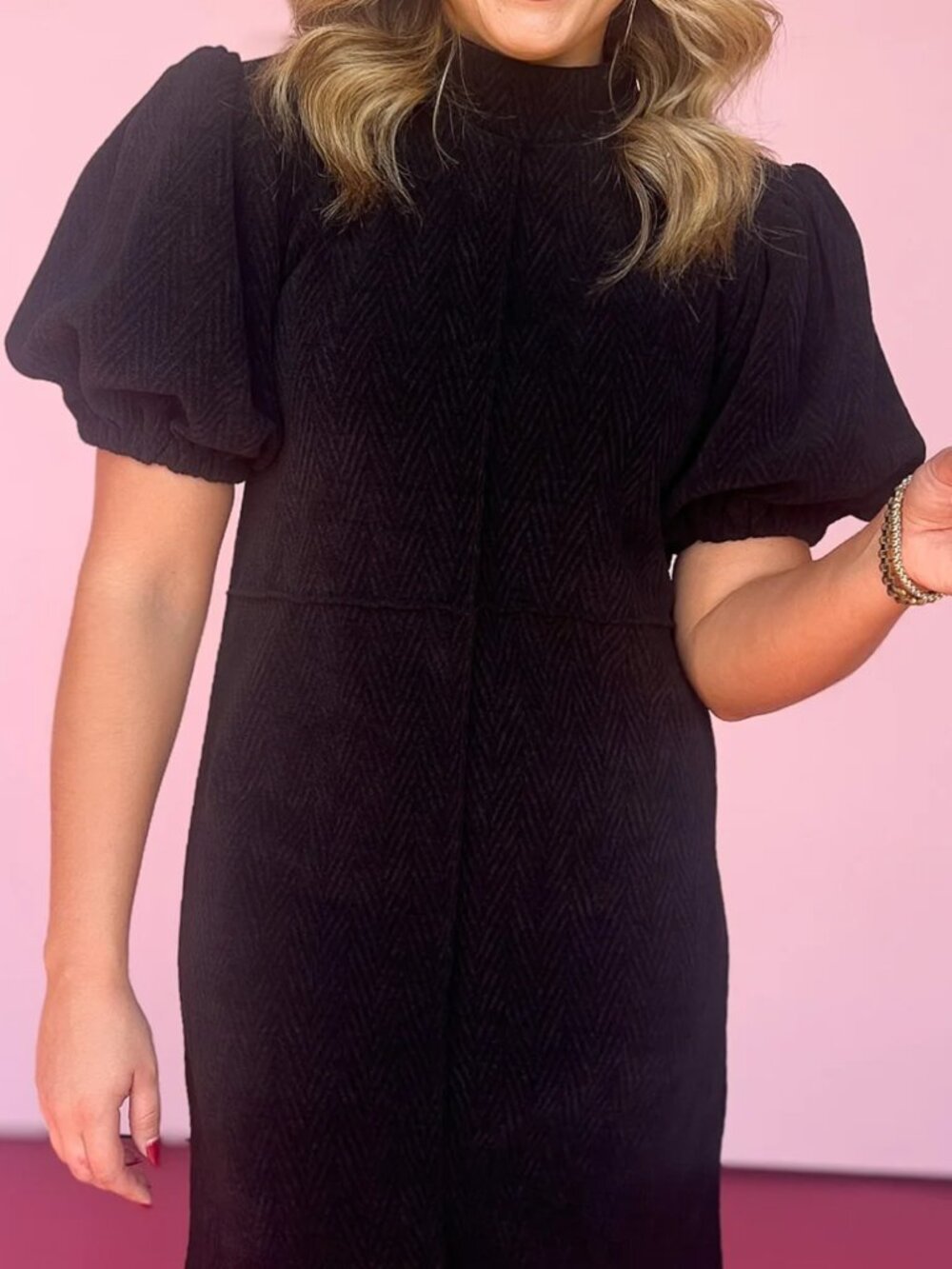 THML Large Black Velvety Short Dress Puff Sleeves EUC Holiday Party Corduroy